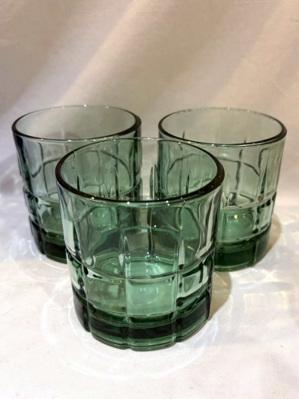 Set of 3 VTG Anchor Hocking Whiskey Glass Tartan Plaid Rocks Lowball Green Glass